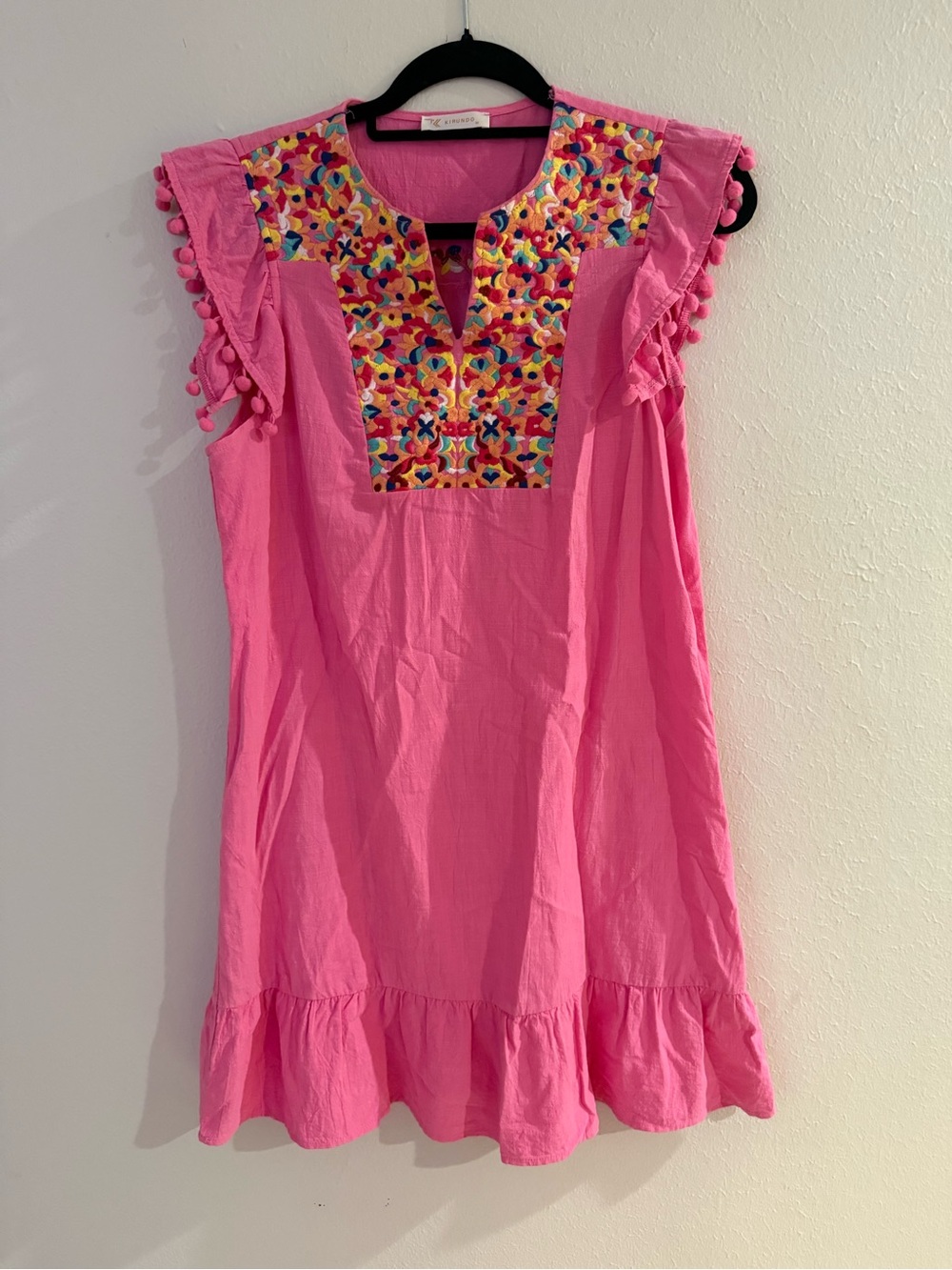 Bright Pink Embroidered Midi Dress with Ruffle Trim
